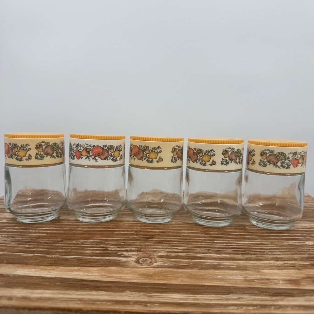 Spice Of Life Set 5 Gemco Corning Glass Jars Spice Shakers Veggies Mushroom Vtg - Picture 2 of 10